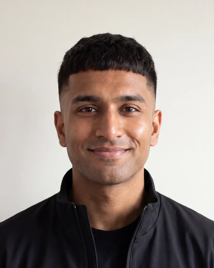 The Simply Put Tech presenter: an AI-generated avatar of a smiling South Asian man in a black jacket.